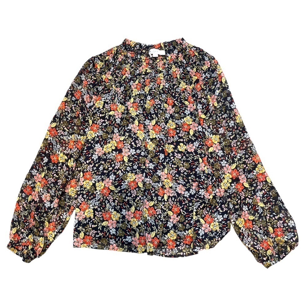 Loft Sheer Blouse Lined Bodice Shirred Mock Neck Dark Navy W/Floral Size Xs